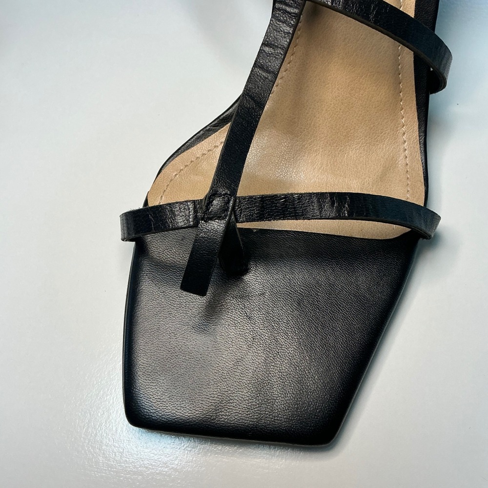 Saks Fifth Avenue Black Leather Strappy Square Toe Triangular Block Heel Sandals - Picture 12 of 12
